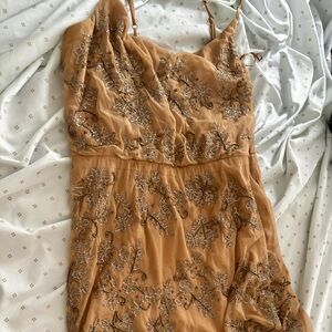 Express: Nude Sequin Mini Dress Adjustable Spaghetti Straps Elastic Waist